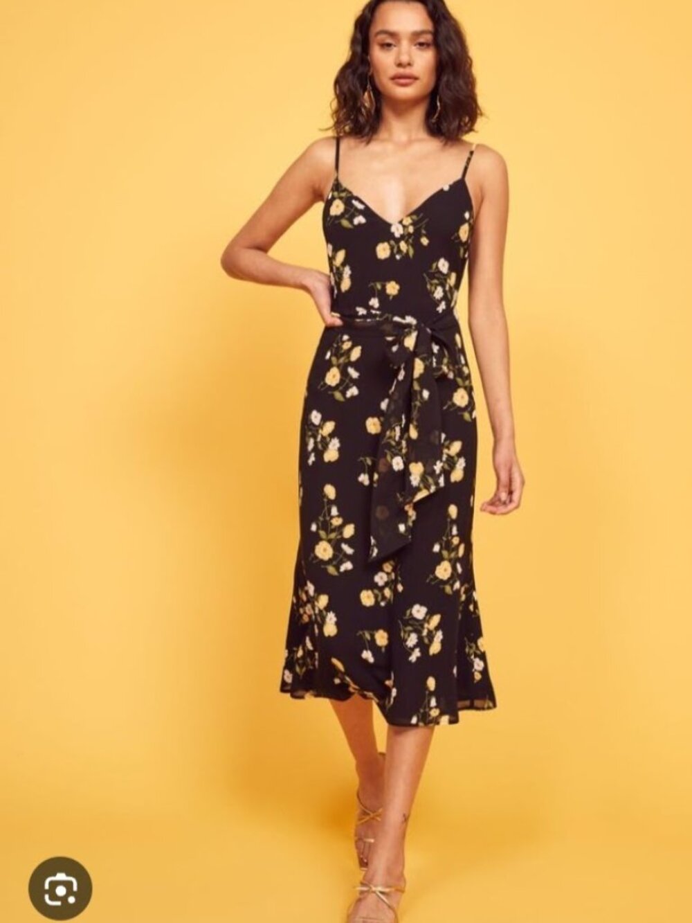 Reformation Dietrich Black Yellow Floral Dress Midi Flare Skirt Open Back Large - Picture 5 of 12